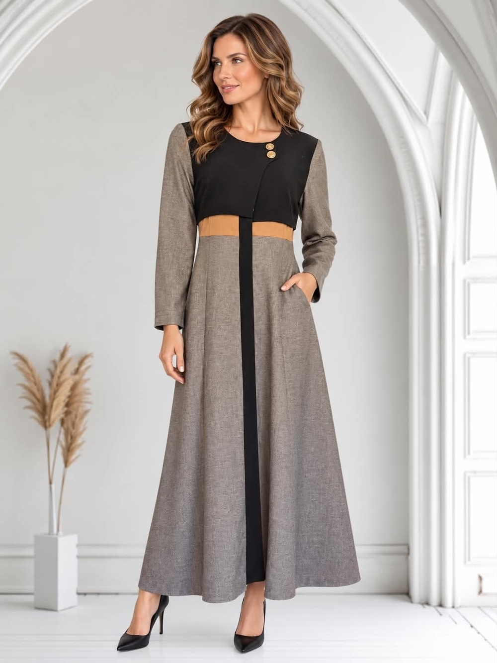 Elegant Taupe Maxi Dress-Skirt with Black Bodice and Gold Accent